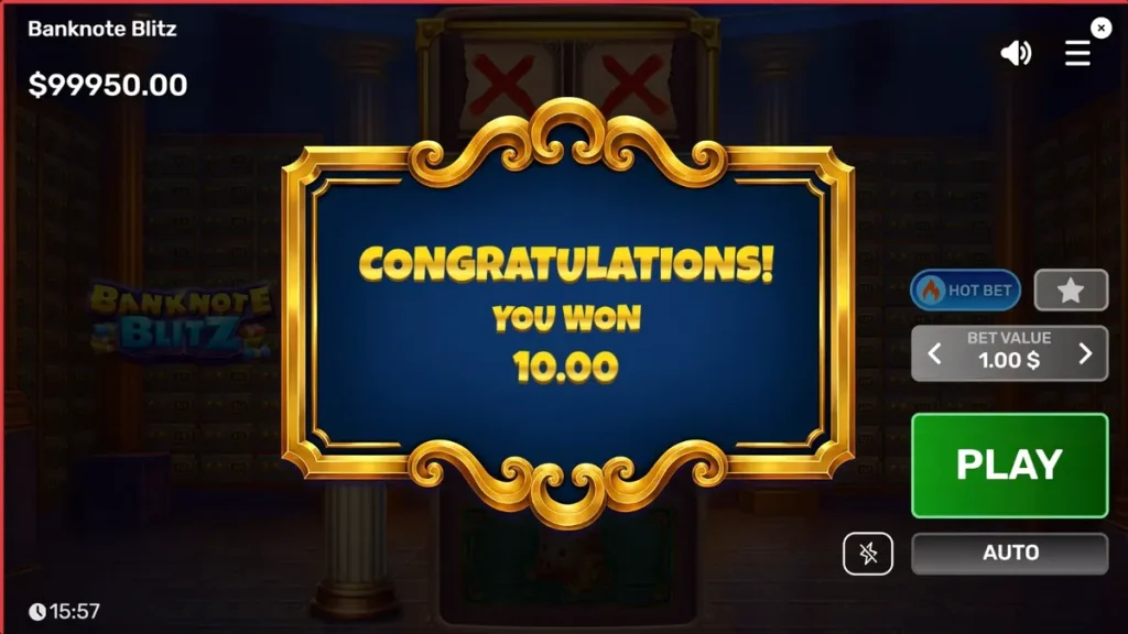 Interface do jogo Banknote Blitz com tema de cofre de banco e notas de dinheiro